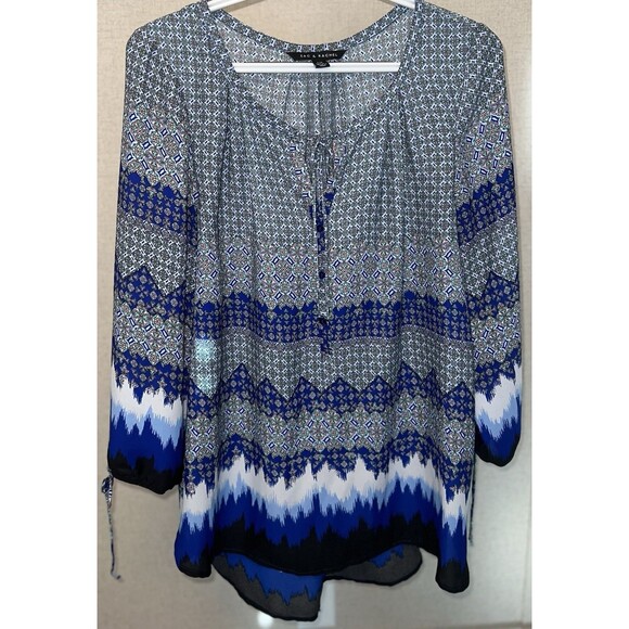 Zac & Rachel Womens Blue Multi-print 3/4 Sleeve Peasant Hi-Low Top Size Large - Picture 1 of 7